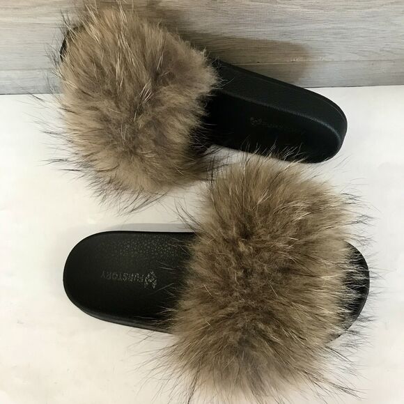 Fur Story Natural Brown Fox Fur & Black Slide Sandals Slippers EU 43.5 US 11 - Picture 1 of 12